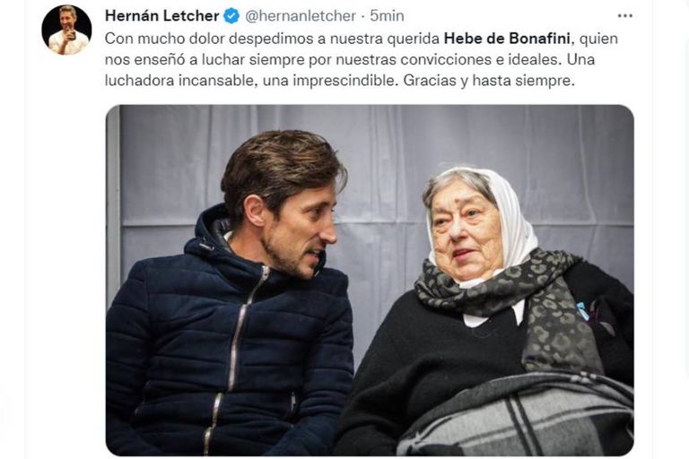 Hernán Letcher despediu Hebe de Bonafini com uma fotografia em que ambas aparecem juntas